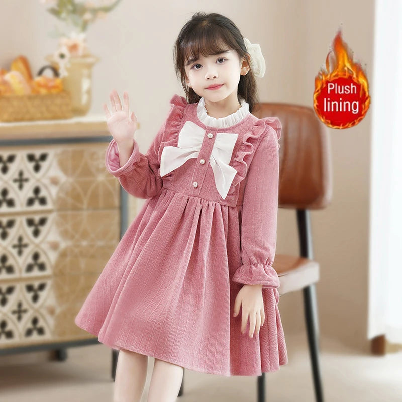 Young Girls' Winter Princess Clothes Red Thickened Velvet Dresses Baby Girl One-piece New Year's Birthday Party Corduroy Dress ‌