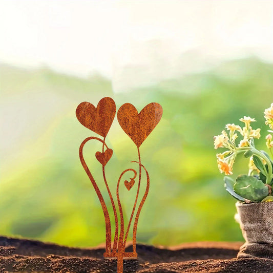 1Pc Iron Four-Heart Metal Garden Decoration Ground Plug, Outdoor Decoration, Intertwined Heart and Swirl Design, Suitable for Terrace, Courtyard, Garden Party and Country Lawn Decoration, Outdoor Garden Decoration, Terrace Em