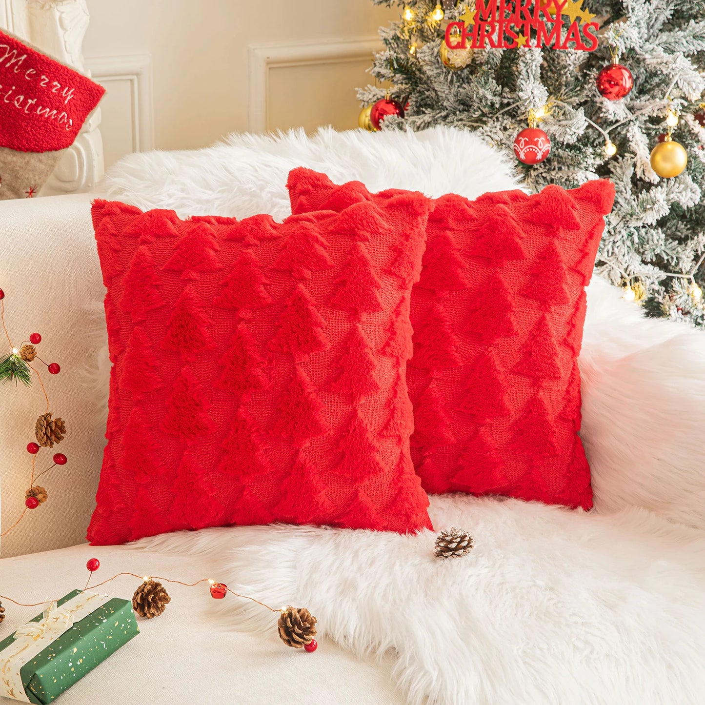1/2 Pack Christmas Tree Square Throw Pillow Cases Snowflake Shaggy Plush PillowCases Embroidered Sofa Cushion Cover Home Decor