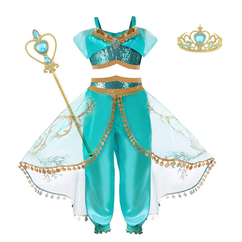 Baby Girls Cosplay Disney Jasmine Costume Aladdin Princess Dress Kids Magic Lamp Fancy Birthday Party Dresses Jasmine Clothes