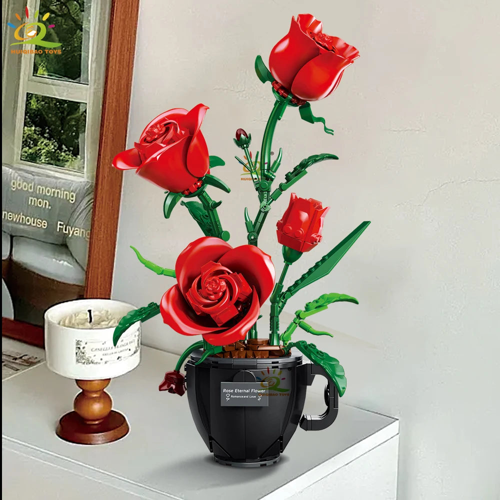HUIQIBAO Flower Orchid Rose Daisy Coffee Cup Potted Building Blocks Bouquet MOC Bricks Toys DIY Home Desk Plant Decoration