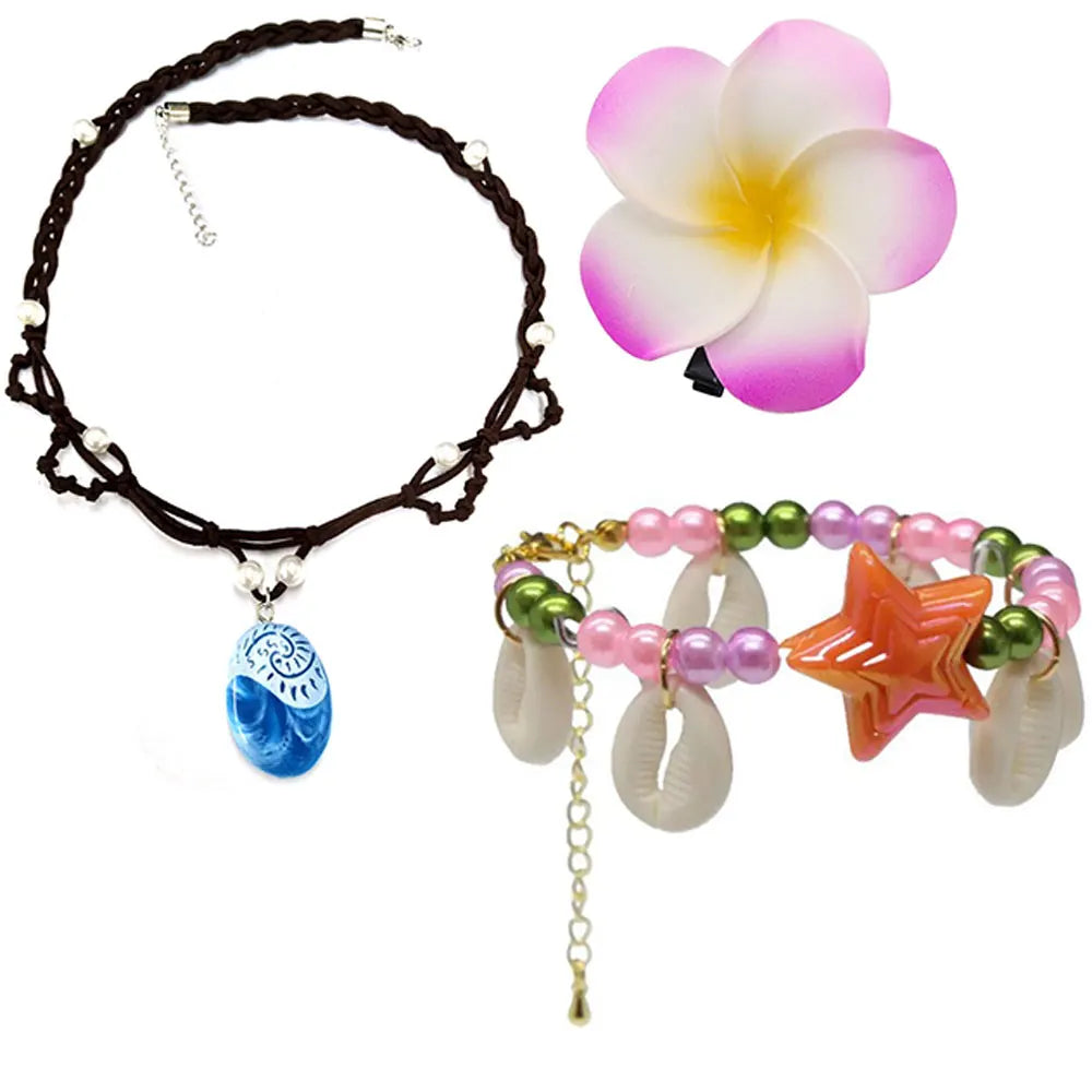 Disney New Summer Movie Hot Moana 2 Short-sleeved Clothes Girl Cosplay Moana Princess One-Shoulder Suspender Dress + Wig Set