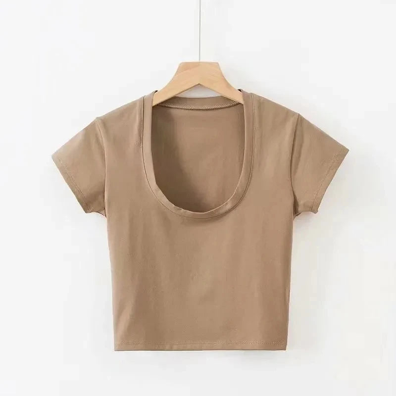 Summer Sexy T Shirt Tops for Women Clothes Stretch Slim Tees Shirt Femme U Neck Short Sleeve T-shirts Streetwea Crop Top