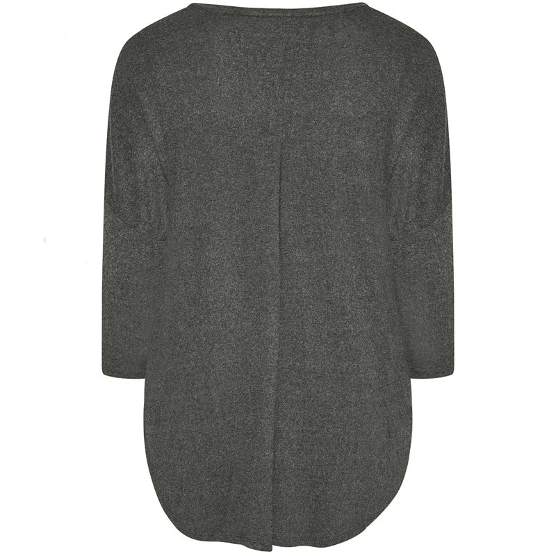 Plus Size Spring Autumn Elegant Hi Low Tunic 3/4 Batwing Sleeve Long Loose Blouse Dark Grey Pleat Back Large Size Casual Top 6XL
