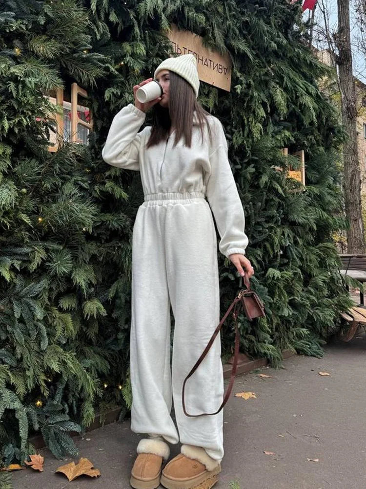 Woman Clothing Fashion Long-sleeved Jumpsuit Women's Set Zipper Casual Semi-open Elastic Waist Jumpsuit Elegant Sports Jumpsuit