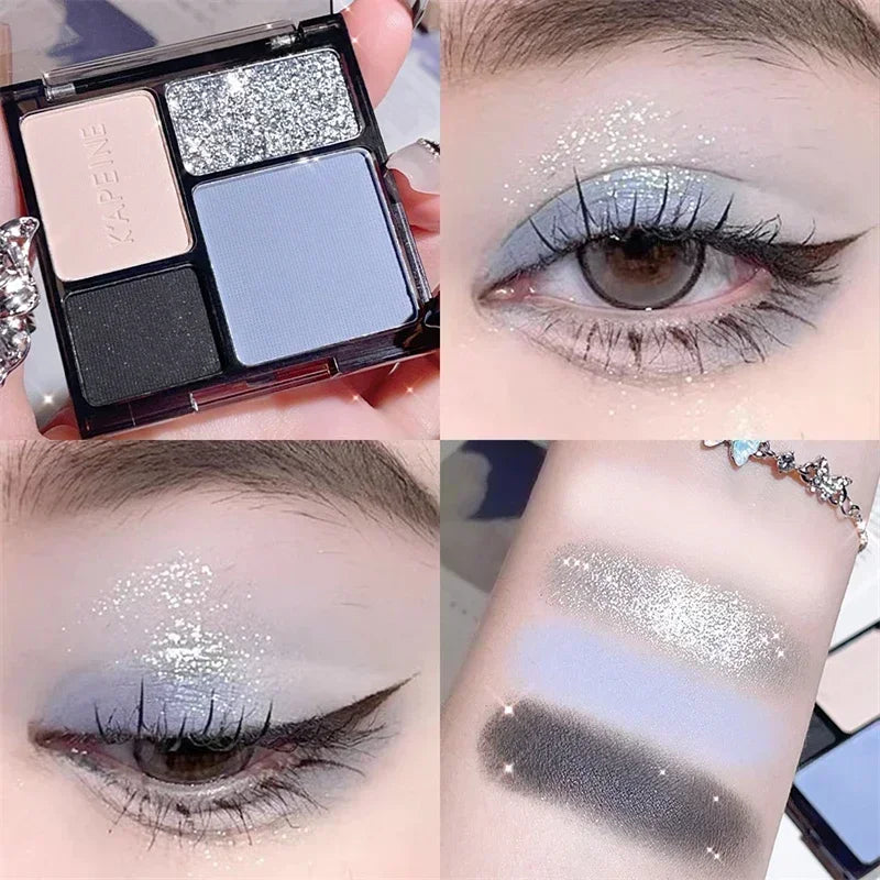 4-Color Eye Shadow Palette Makeup Glitter Blue Pearlescent Metallic Korean Acrylic Smoky Eye Shadow Palette Makeup Cosmetics
