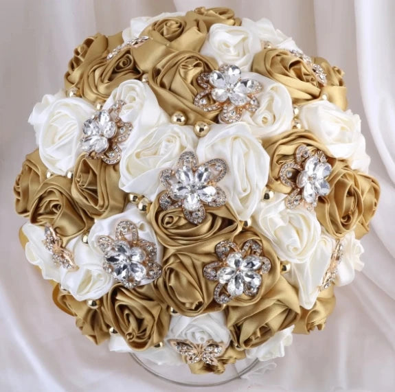 1pc/lot Gold Bridal Wedding Bouquet  Satin Rose Artificial Flowers Wedding Bouquet de novia On Sale