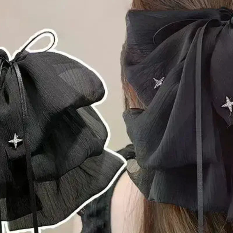 Black Elegant Women Large Bow Hair Claw Temperament Chiffon Big Bowknot Barrettes Hairpin Women Ponytail Hairpin Hair Accessory