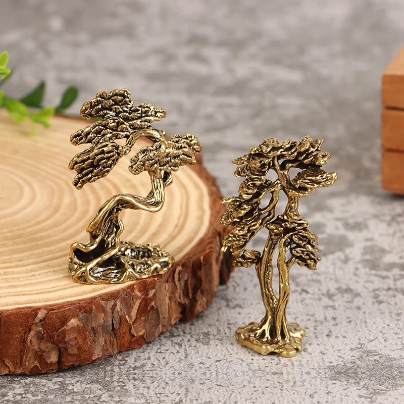 Brass Mini Welcome Pine Figurine Tree Miniature Landscape Small Bonsai Tree Statues Decorations Accessories