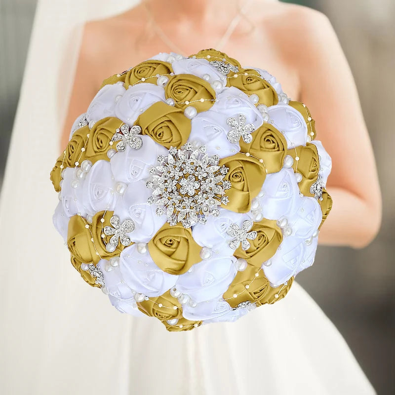 1pc/lot Gold Bridal Wedding Bouquet  Satin Rose Artificial Flowers Wedding Bouquet de novia On Sale