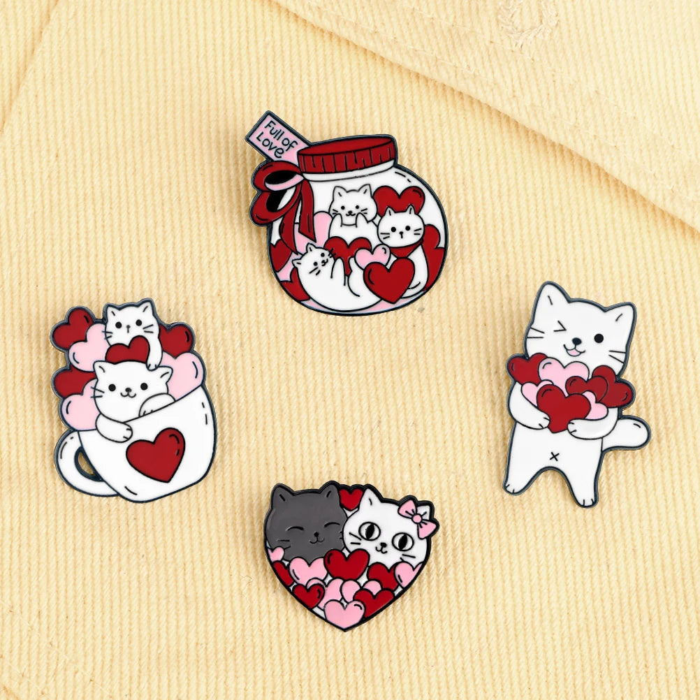 Romantic Candy Cats Brooch for Couples Cute 'Full with Love' Kitties Wink Enamel Pin Cartoon  Animal Badge Valentine's Day Gifts