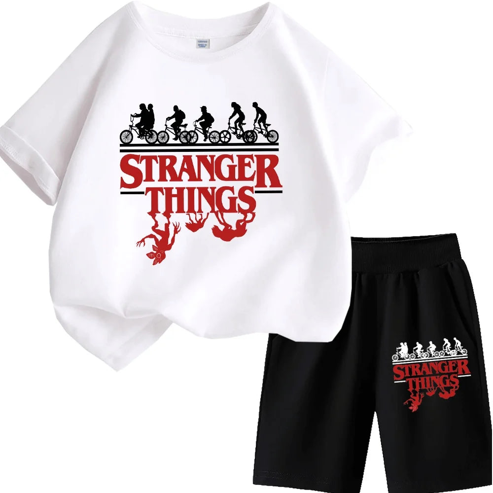 Stylish Stranger Things Kids T-Shirt Set with Silhouette Bikes and Demogorgon Design for Boys/Girls