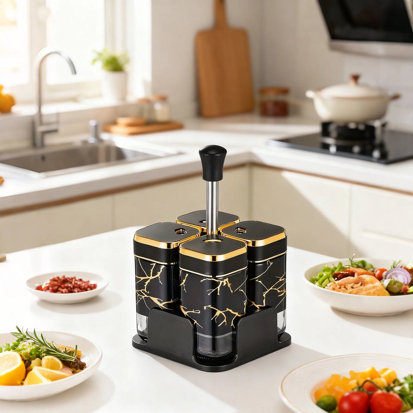 Set of 4 Spice Jars, Square Spice Jar 360° Swivel Spice Hole Lid with Non-Slip Base, Kitchen Storage and Organisation