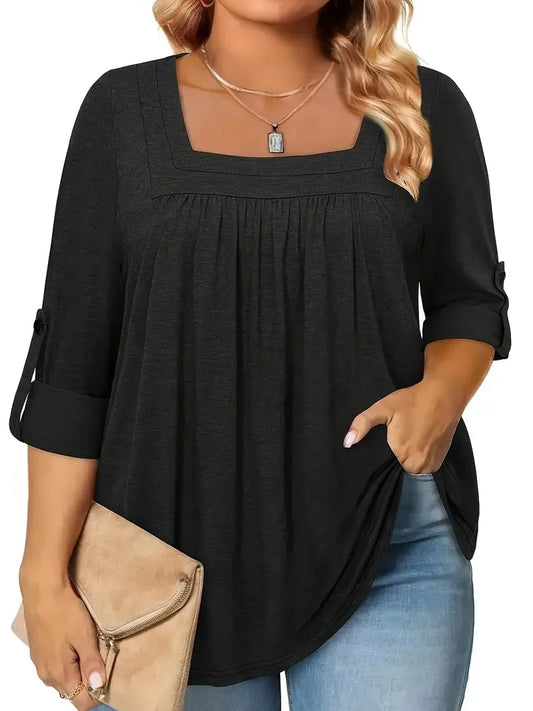 Plus Size Summer 1XL-5XL Women's Fashionable Solid Color Square Neck Blouse Ladies Casual Summer Solid Color Blouse Shirt Tops
