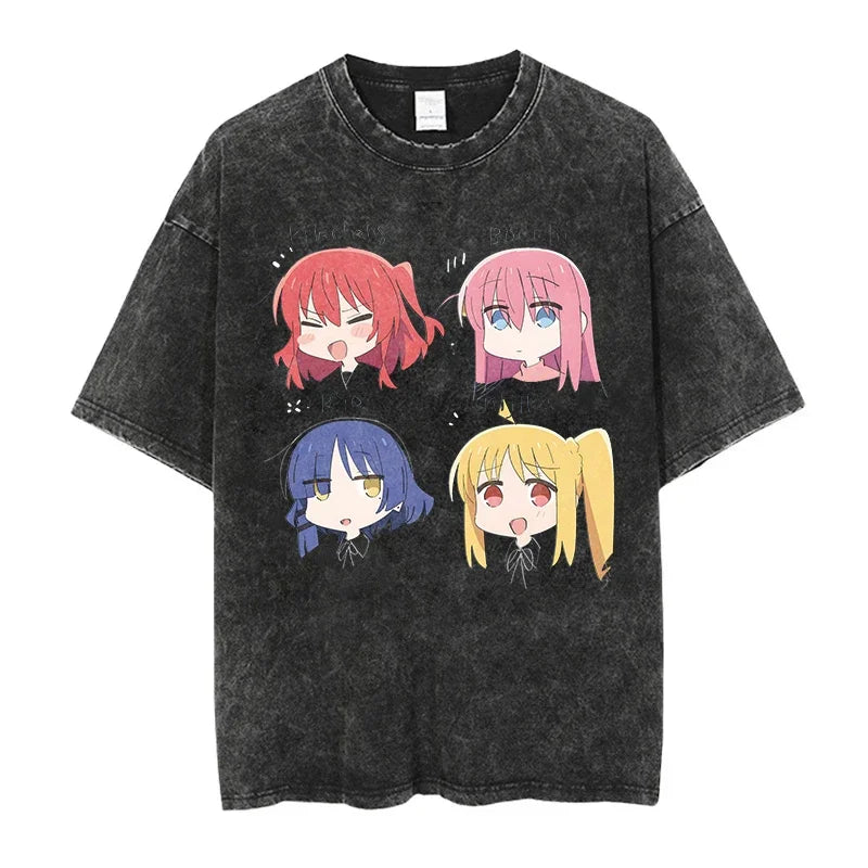 Men Oversized Printed Tshirts Bocchi Club Music Band Anime Bocchi The Rock Cotton Tops Creative Crew Neck Tees Washed TShirt