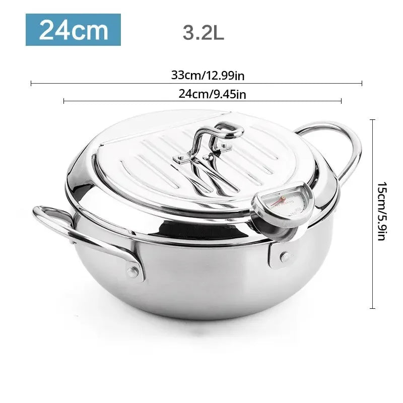 Stainless Steel Oil Pan with Thermometer Multiple Sizes Fryer Thermometer Cover for Tempura French Fries Home Kitchen Frying Pan