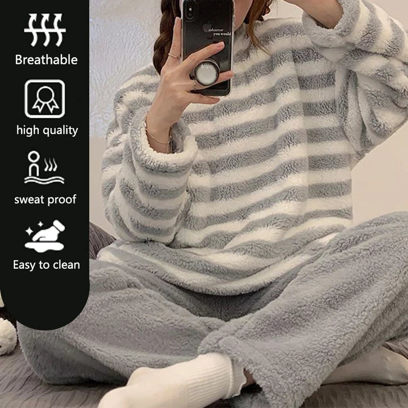 2PCS/Set Padded Thickened Warm Fall and Winter Long-Sleeved Soft Pajamas Women Flannel Outside Striped Flannel Homewear Large