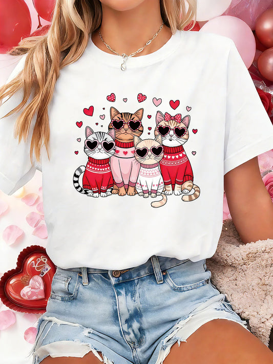 Valentine's Day Women's Short Sleeve T-shirt Cute Heart Glasses Cats Graphic Print Crew Neck Casual Top For Summer & Spring