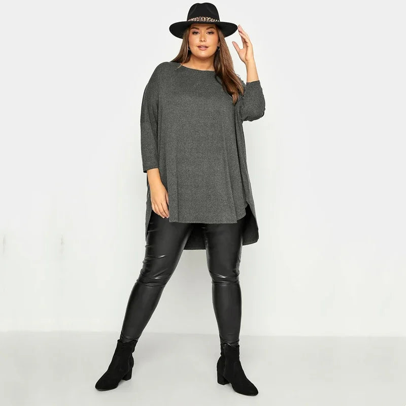Plus Size Spring Autumn Elegant Hi Low Tunic 3/4 Batwing Sleeve Long Loose Blouse Dark Grey Pleat Back Large Size Casual Top 6XL