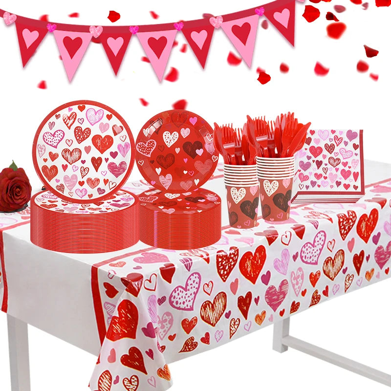 Love Heart Disposable Tableware for Wedding Valentine's Day Tableware Anniversary Birthday Party Paper Plates Cups Tablecloth