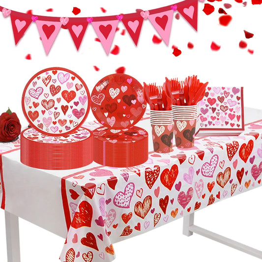 Love Heart Disposable Tableware for Wedding Valentine's Day Tableware Anniversary Birthday Party Paper Plates Cups Tablecloth