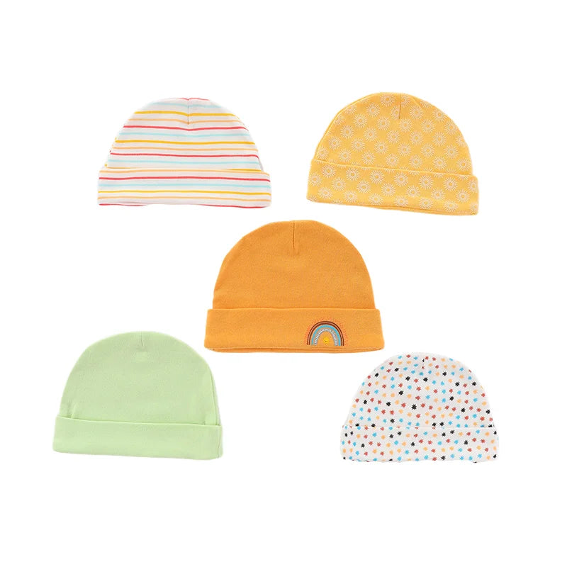 5Pieces Newborn Baby Boy Hats Cartoon Print 100%Cotton Baby Girls Hats 0-6Months Soft Solid Color Infant Accessories