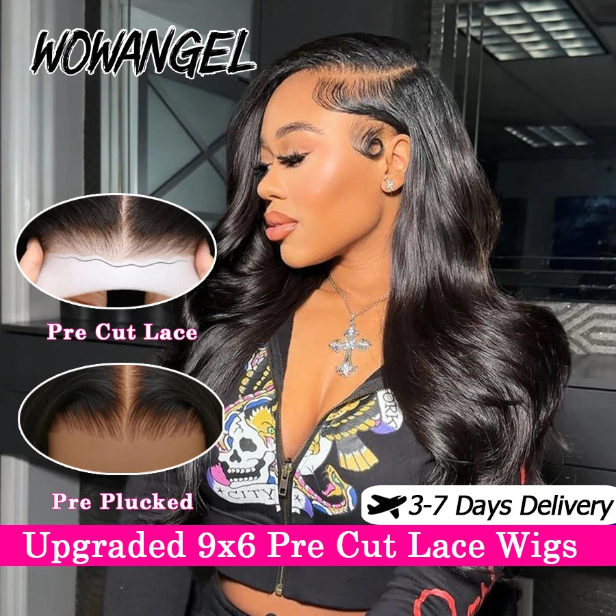 WowAngel 34inches Pre Cut 9x6 HD Lace Closure Wigs Wear To Go Glueless 250% Body Wave Human Hair Wigs Pre Plucked Brazilian Hair