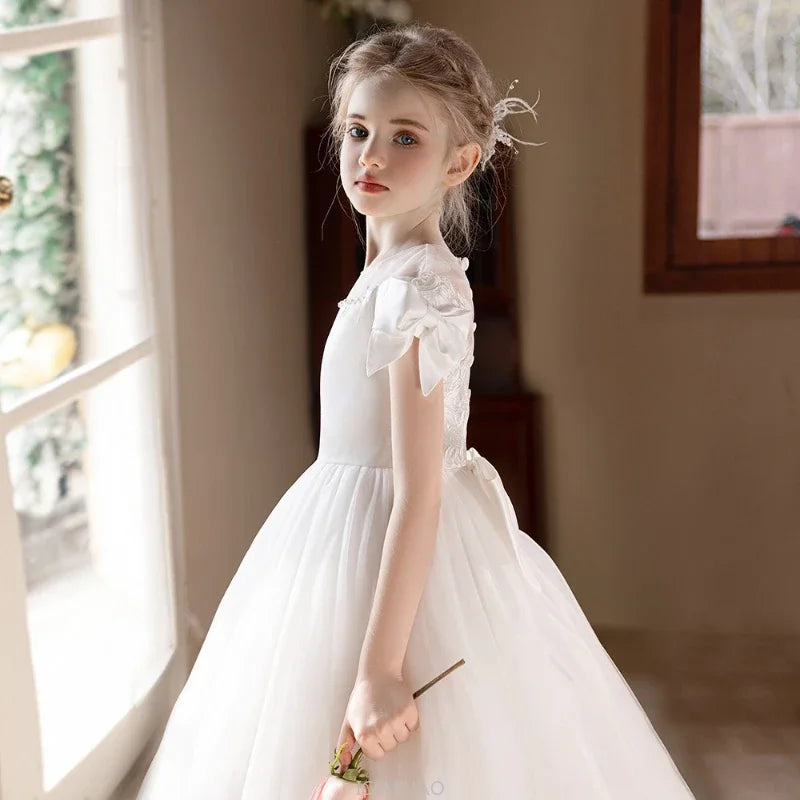 Wed Dress 2025 White Teen Girls Wedding Dress Tulle Ball  Evening Gown Party Wear CostumeGown Big Bow Bridesmaid Dresses Formal