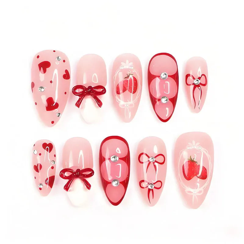 24Pcs Pink Square Fake Nails Women Valentine's Day Short Ballet Press On Nails French False Nails Bowknot/Lip/Love Heart Decor