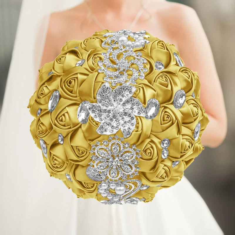 1pc/lot Gold Bridal Wedding Bouquet  Satin Rose Artificial Flowers Wedding Bouquet de novia On Sale