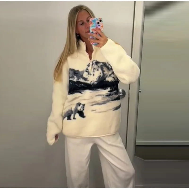  Fashion Printed Sherpa Pullover Women's Loose Long Sleeve Zippers Cozy Style Top 2025 Autumn New Lady Casual Warm Outerwear