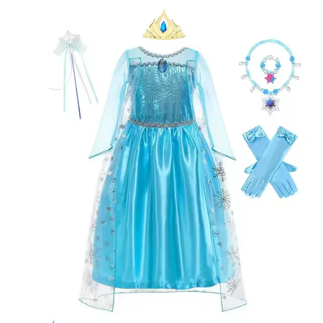 Disney Frozen Girls Cospaly Snow Queen Elsa Cape Costumes Kids Carnival Party Prom Gown Children Clothes Elsa Princess Dresses