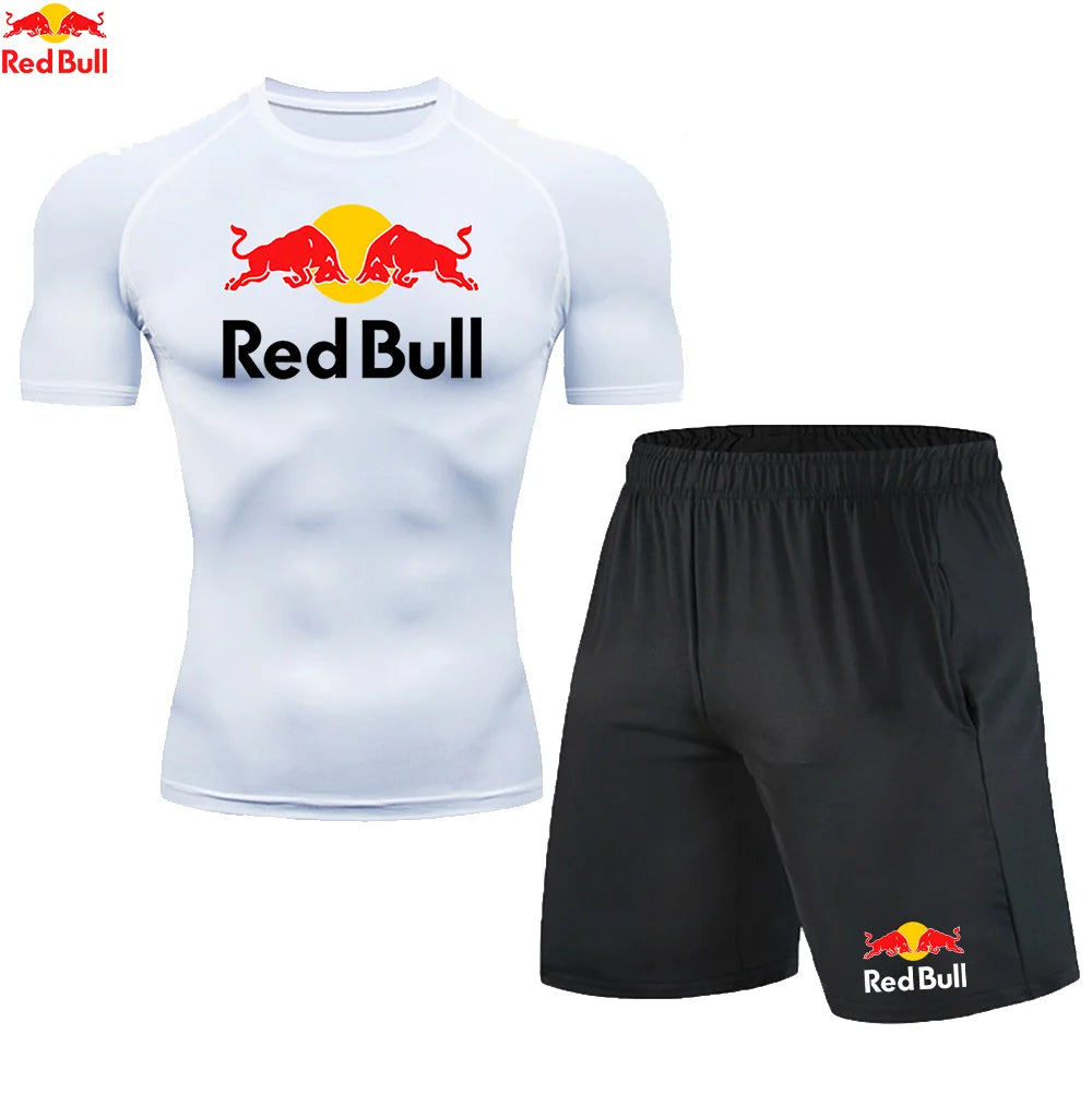 Red BullRashguard Short Sleeve T Shirts Shorts Suits Men Tracksuit Gym Boxing Jerseys Compression Shirt Fitness Running Training