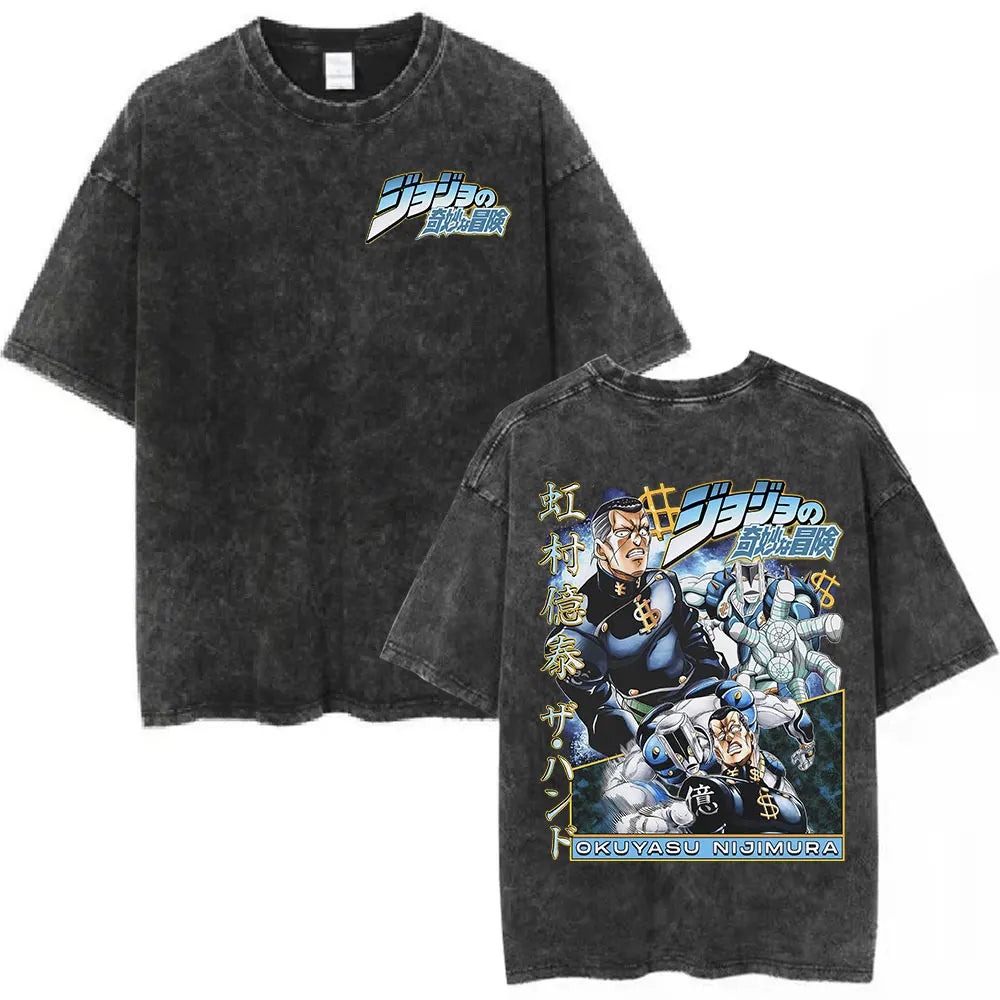 Anime JoJo Bizarre Adventure Vintage Washed T-shirt Giorno Giovanna Bruno Buccellati T-shirts Men's Women Fashion Casual T Shirt