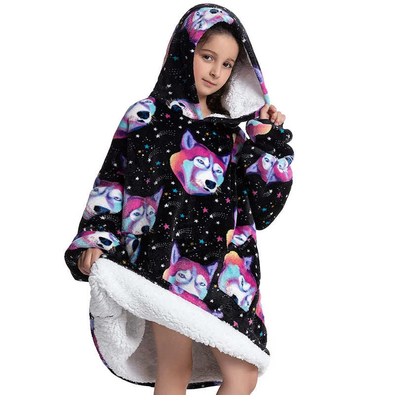 Oversized Wearale Blanket Hoodie Flannel Sherpa Fleece Warm Soft Winter Hoodie Sweatshirt for Kids Adults Home Blanket Snuggle