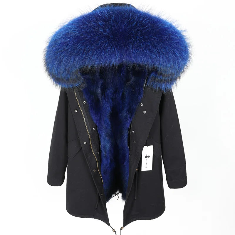 2024 MAOMAOKONG Natural Raccoon Fur Collar Winter Coat Remove Liner Slim Jacket Fur Coat Woman Parkas Female Clothes
