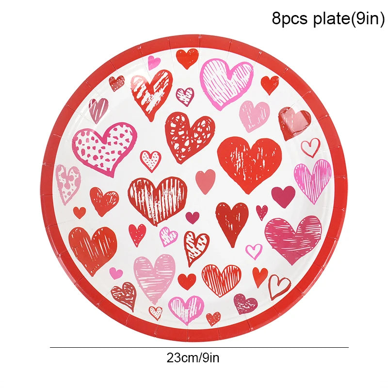 Love Heart Disposable Tableware for Wedding Valentine's Day Tableware Anniversary Birthday Party Paper Plates Cups Tablecloth