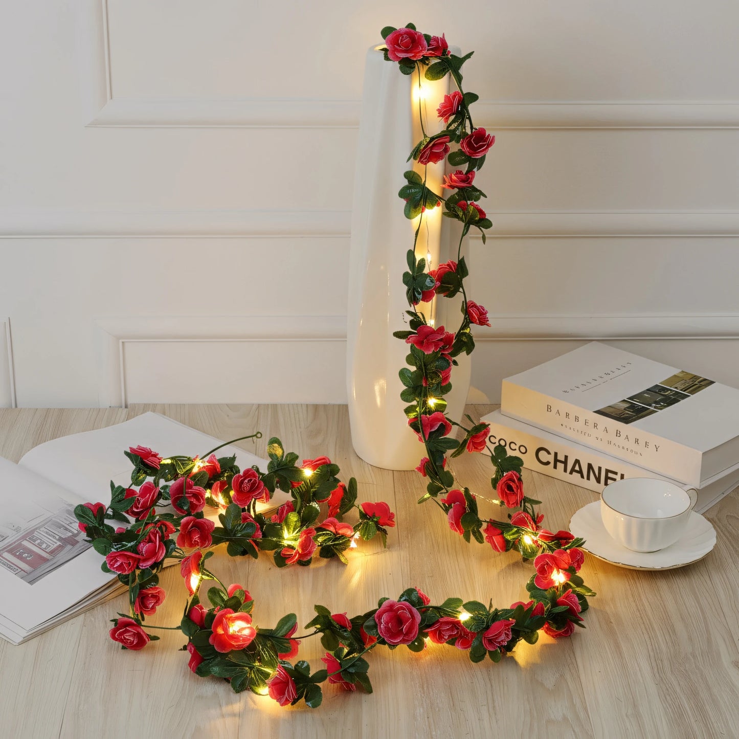 250CM Rose Vine With LED Lights Artificial Flowers Wedding Home Room Decoration Spring Autumn Garden Arch Christmas Rattan Vine