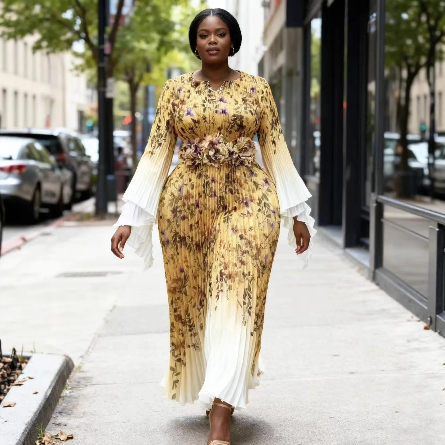 2025 One Size Temperament Women's Miyake Pleated Printed Long Sleeve Dress Loose Clothing Casual Pleated Dress