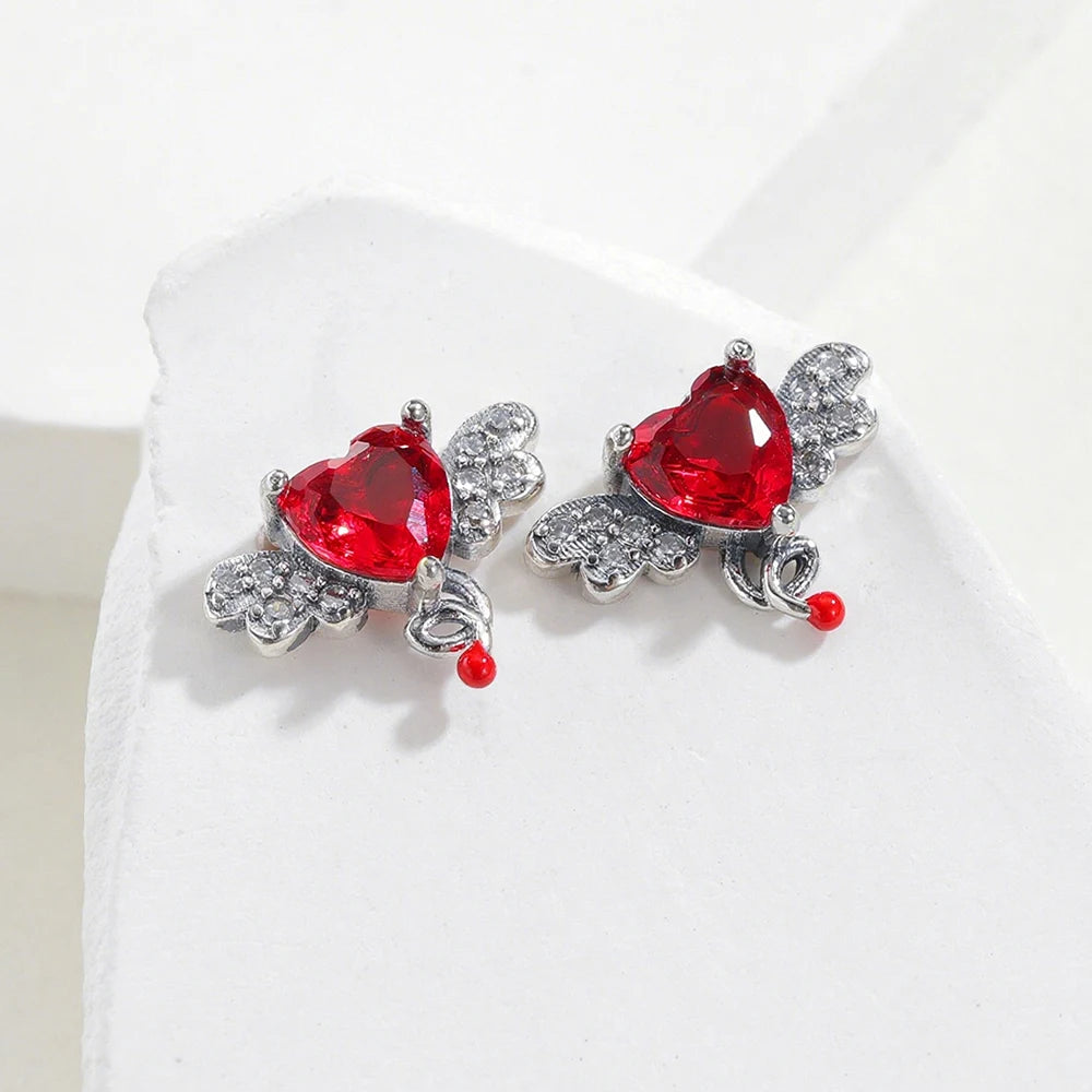 2025 925 Sterling Silver Earrings Red Heart Angel Wing Earrings DIY Fashion Jewelry Making Valentine's Day Woman Daily Wear Gift
