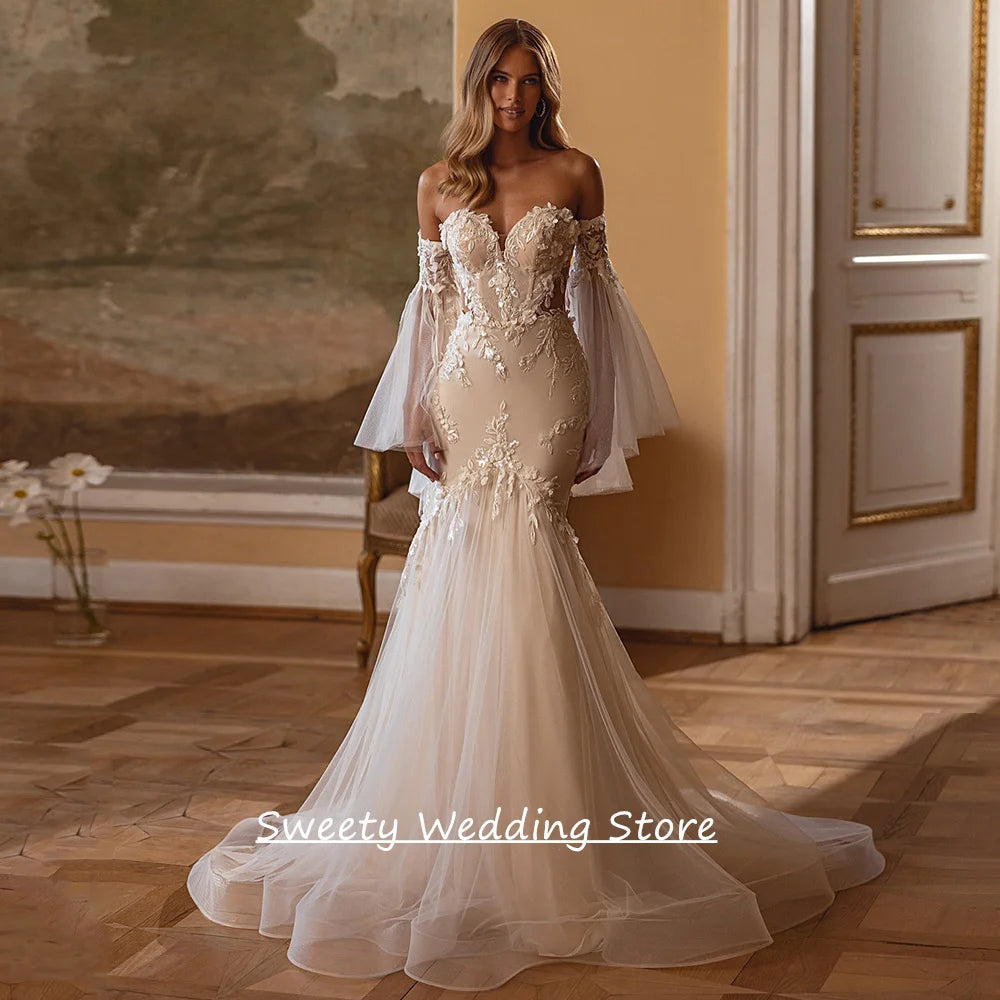 Wedding Dress for Woman Bride Customized Sexy Detachable Long Sleeves Sweetheart Sequined Applique Mermaid Bridal Gown