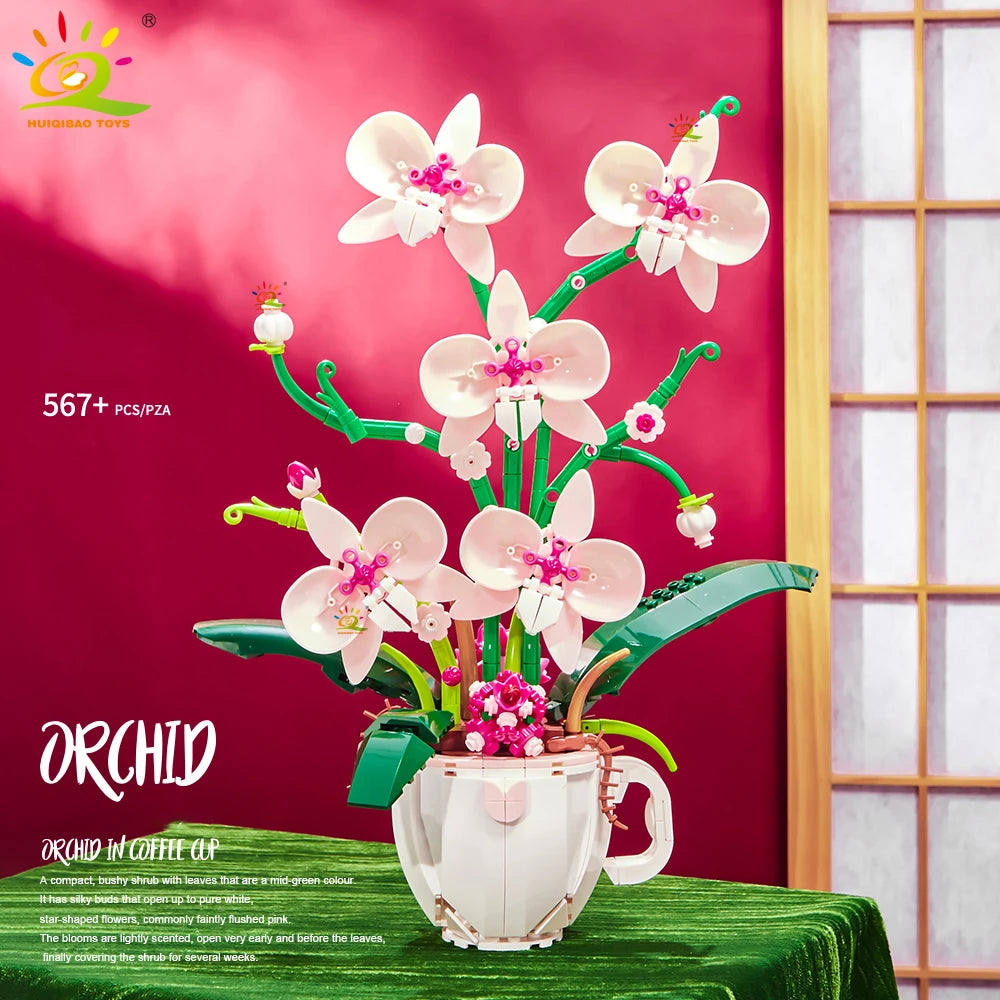 HUIQIBAO Flower Orchid Rose Daisy Coffee Cup Potted Building Blocks Bouquet MOC Bricks Toys DIY Home Desk Plant Decoration