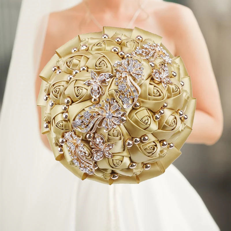 1pc/lot Gold Bridal Wedding Bouquet  Satin Rose Artificial Flowers Wedding Bouquet de novia On Sale