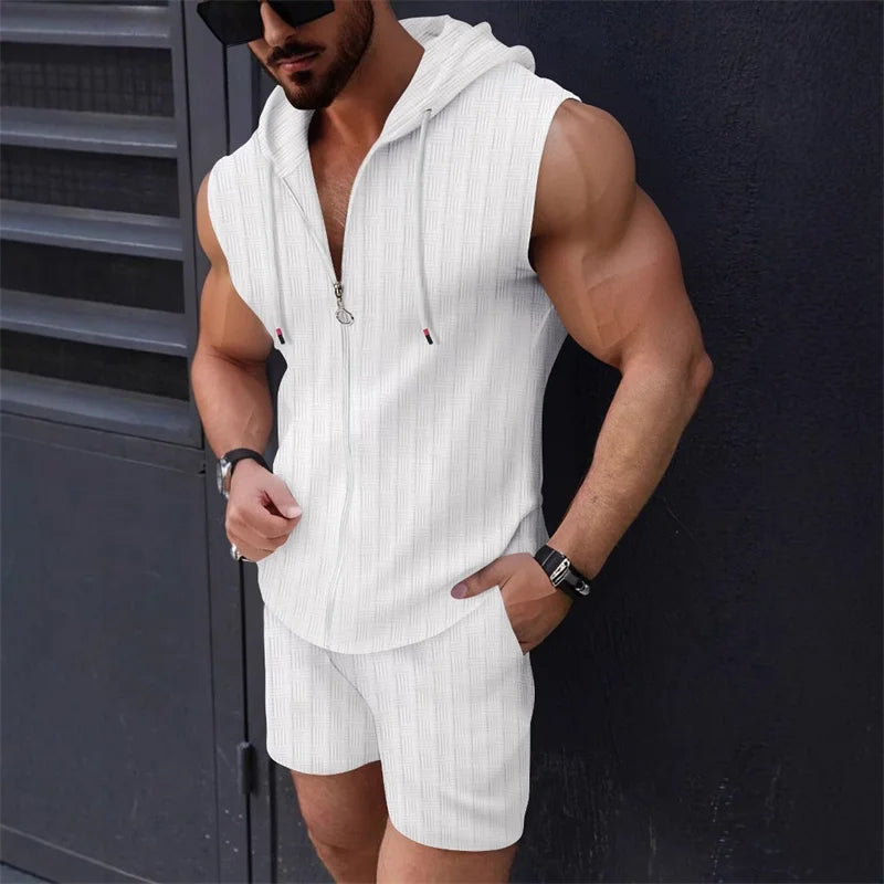 5 colors available for men's hooded sleeveless zipper plaid suit Slim fashion casual sports vest shorts two-piece set trendy top