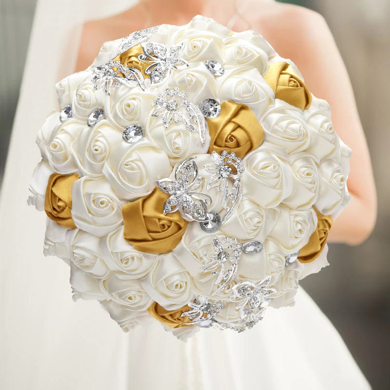 1pc/lot Gold Bridal Wedding Bouquet  Satin Rose Artificial Flowers Wedding Bouquet de novia On Sale