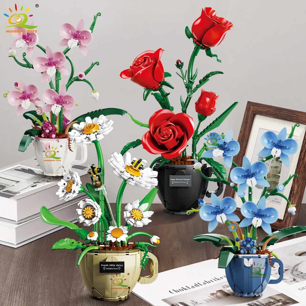 HUIQIBAO Flower Orchid Rose Daisy Coffee Cup Potted Building Blocks Bouquet MOC Bricks Toys DIY Home Desk Plant Decoration