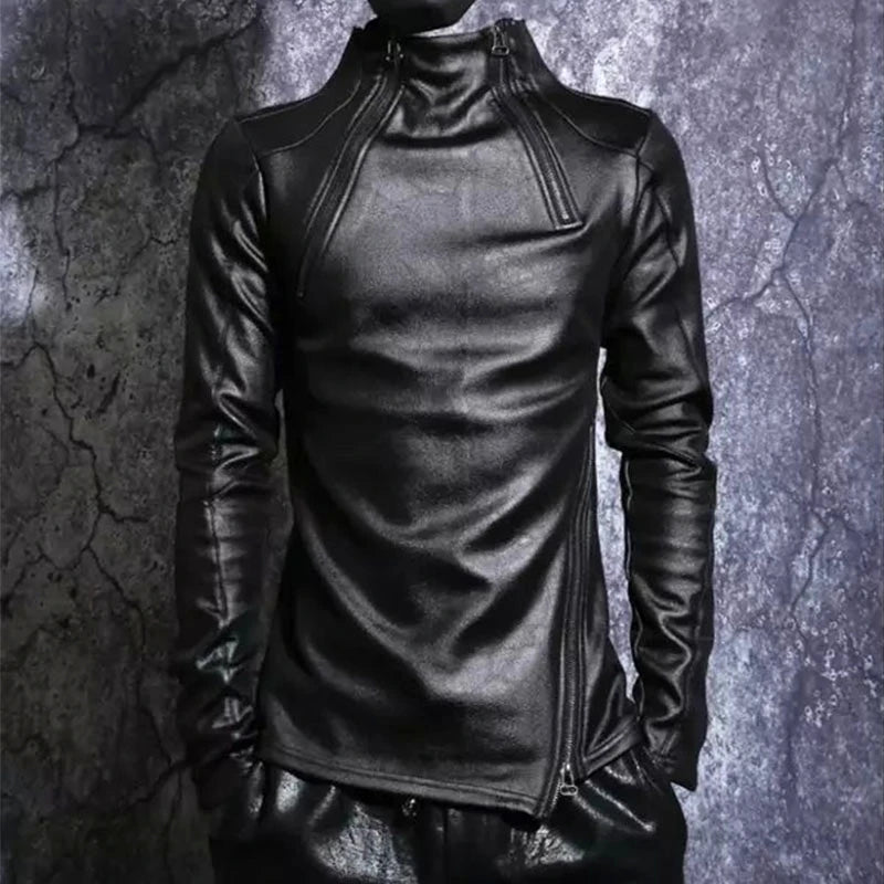 Winter Fleece-lined Thick Warm Sweatshirts Men's Slim-Fitting Cool Stitching Irregular Stand Collar Fashion Bottoming Shirt