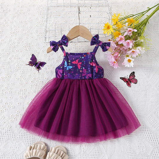 Summer New Girl's Cute Bow Suspender Patchwork Beautiful Mesh Fluffy Princess Dress Baby Birthday Party Dress