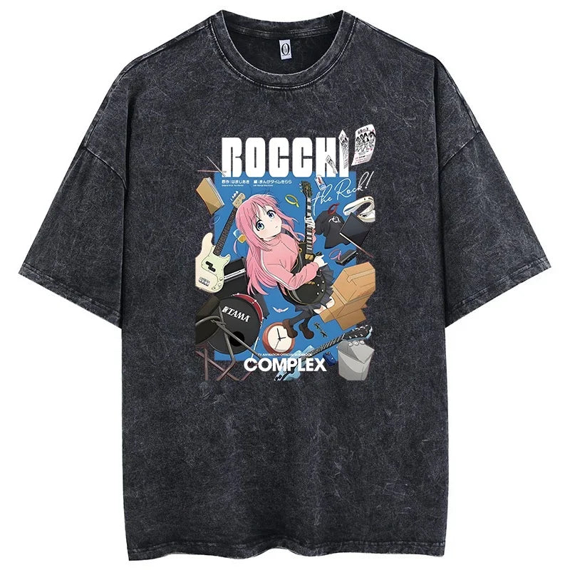 Men Oversized Printed Tshirts Bocchi Club Music Band Anime Bocchi The Rock Cotton Tops Creative Crew Neck Tees Washed TShirt