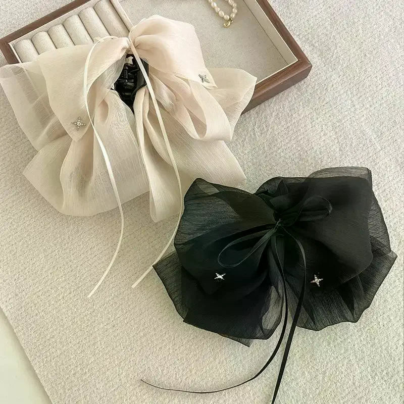 Black Elegant Women Large Bow Hair Claw Temperament Chiffon Big Bowknot Barrettes Hairpin Women Ponytail Hairpin Hair Accessory